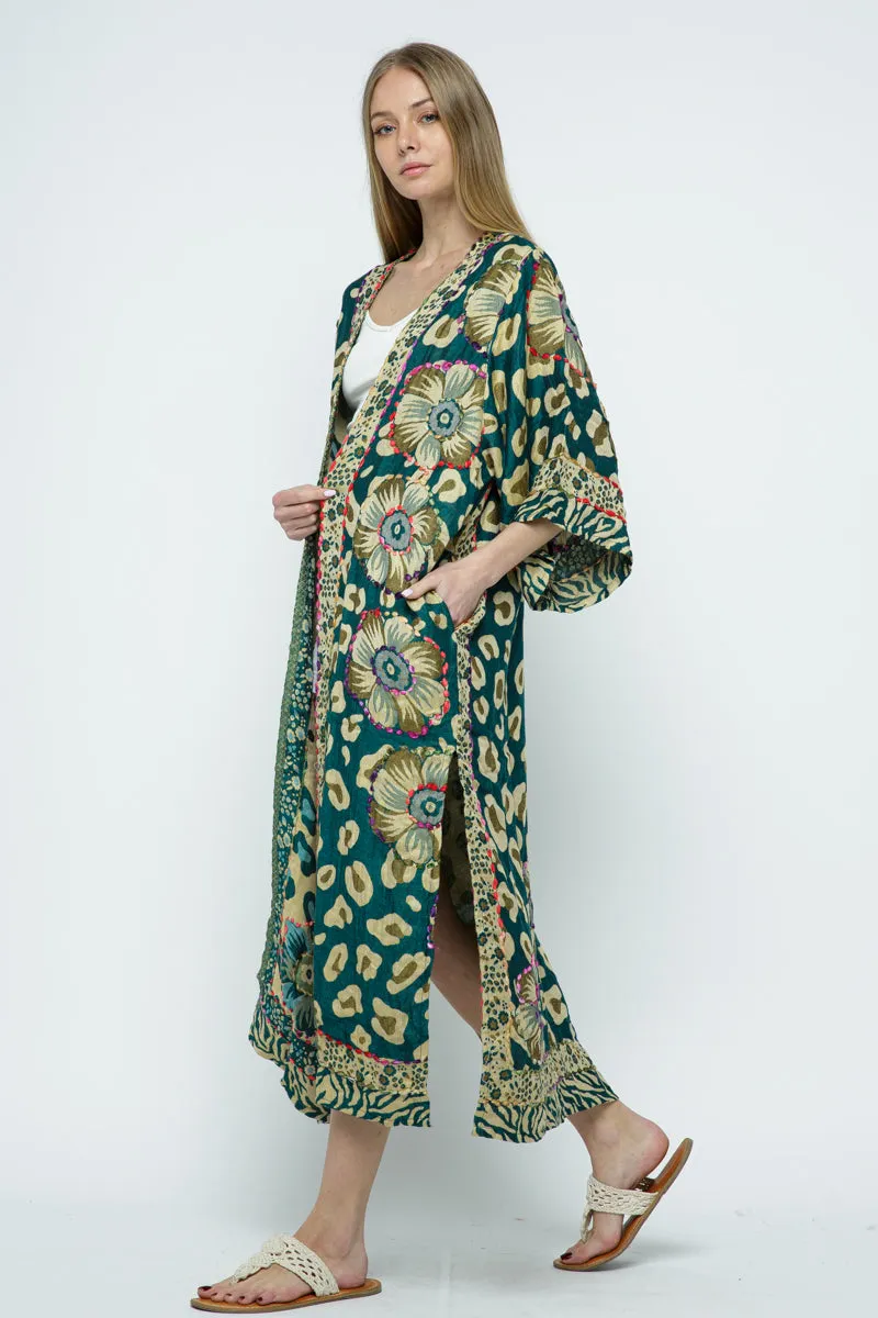 RAJ DALIAH THICK STITCH EMBROIDERED DUSTER GREEN