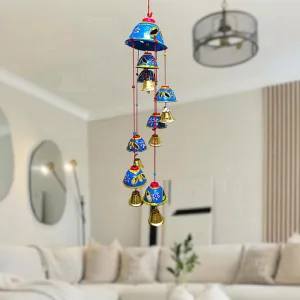 Rajasthani Painted Wind Chimes with 7 Bells – Elegant Latkan Indoor & Outdoor Decor for Positive Energy (Blue)