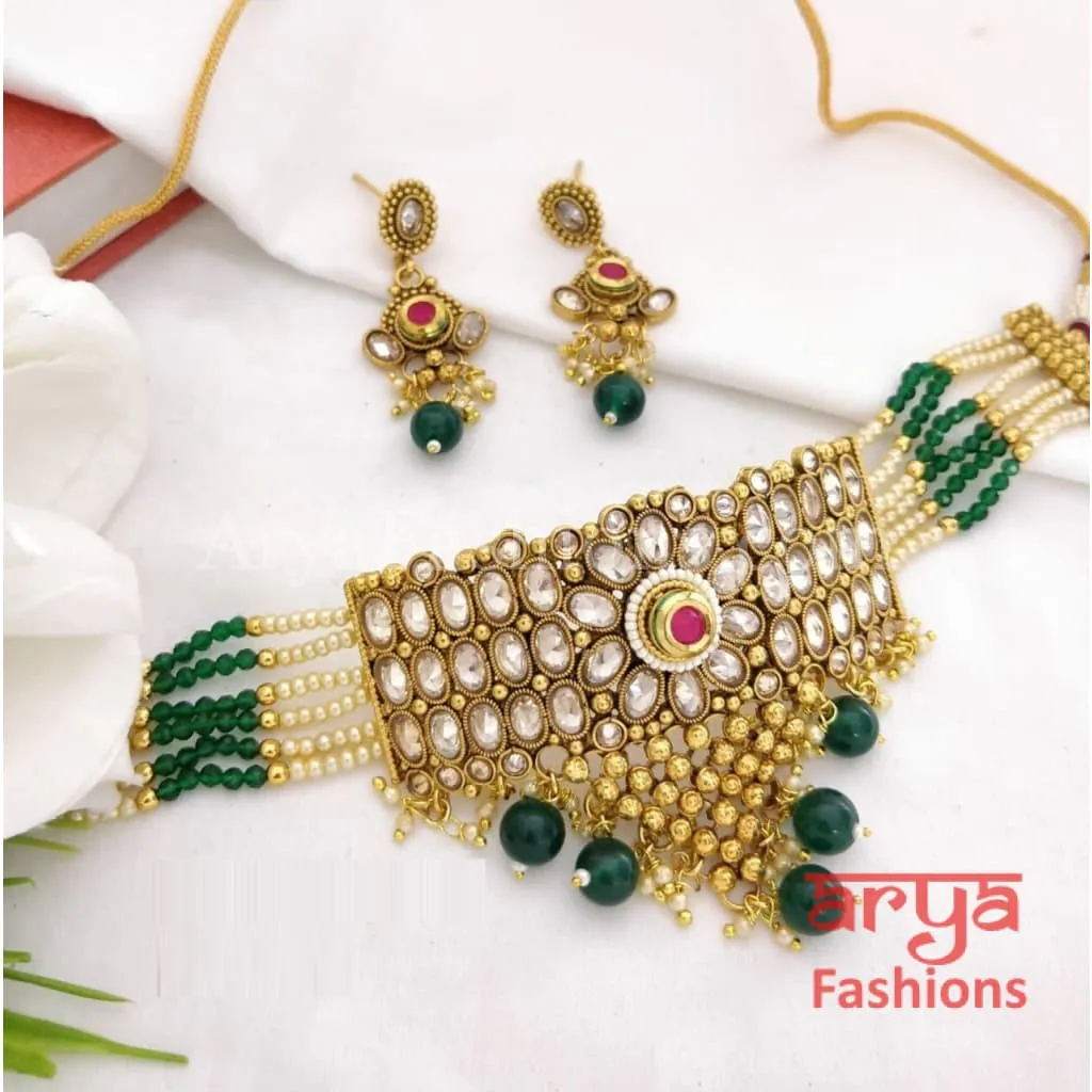 Rajwadi Mint Green Kundan Choker/ White Green Kundan Choker