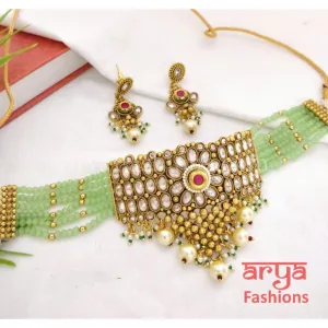 Rajwadi Mint Green Kundan Choker/ White Green Kundan Choker