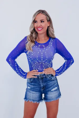 Raleigh Rhinestone and Pearl Crop Top - Blue