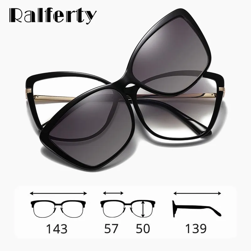 Ralferty Women's Full Rim Square Cat Eye Acetate Eyeglasses With Clip On Sunglasses D95335