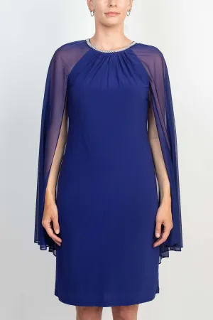 R&M Richards Embellished Crew Neck Cape Sleeve Zipper Back Solid Chiffon Dress