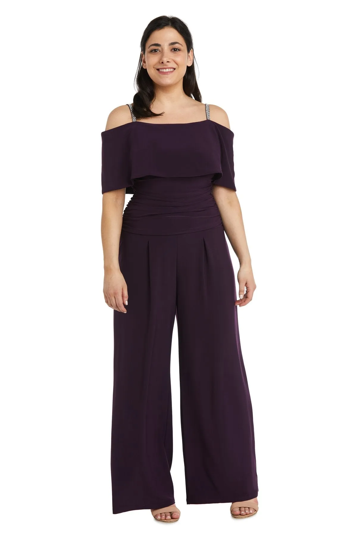 R&M Richard's Petite Women's Cold Shoulder Ruched Waist Jumpsuit - Wedding Guest Outfit Petite