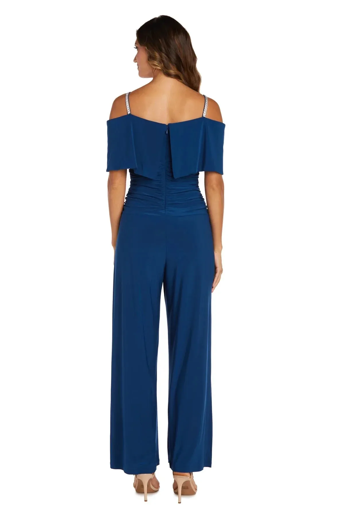 R&M Richard's Petite Women's Cold Shoulder Ruched Waist Jumpsuit - Wedding Guest Outfit Petite