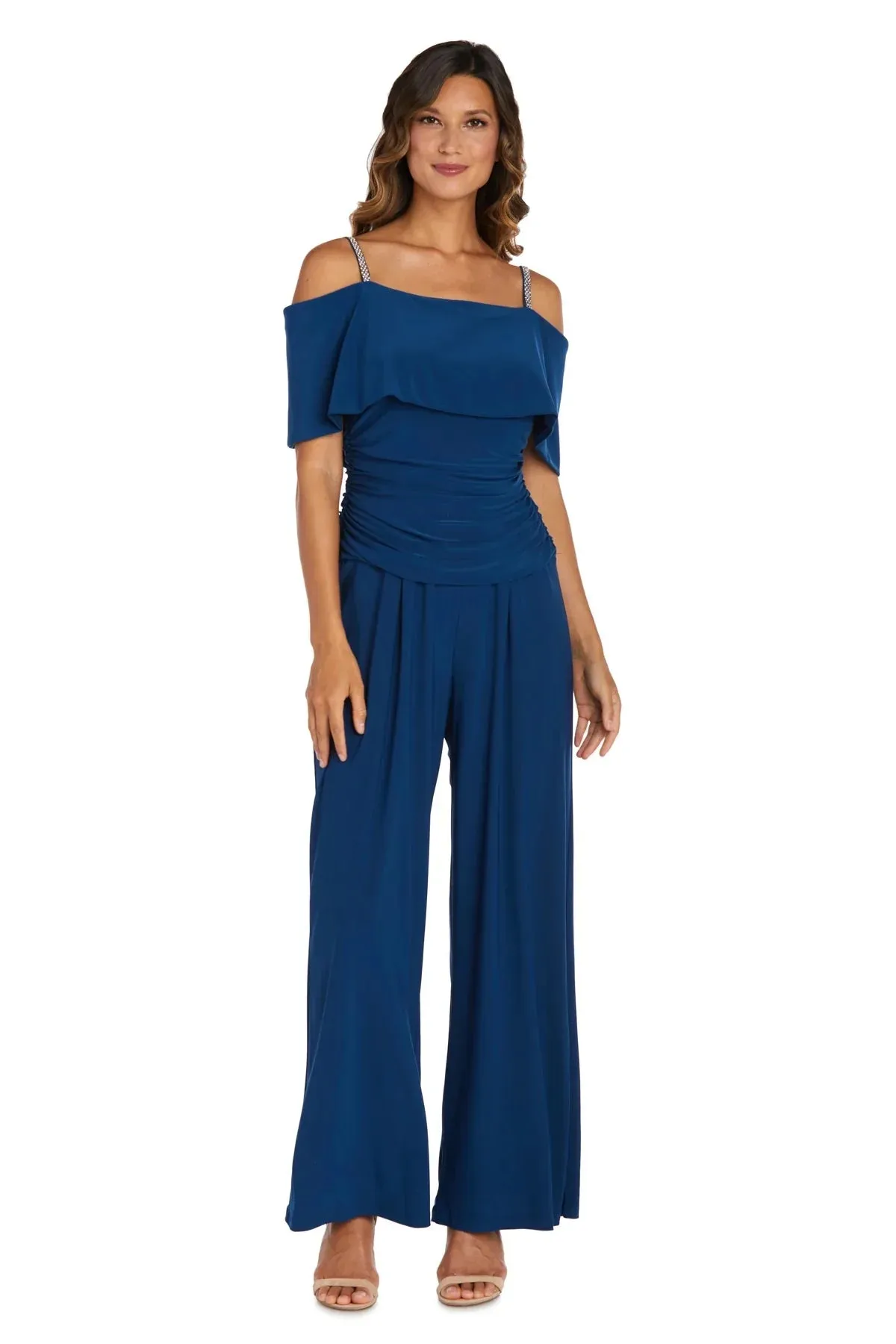 R&M Richard's Petite Women's Cold Shoulder Ruched Waist Jumpsuit - Wedding Guest Outfit Petite