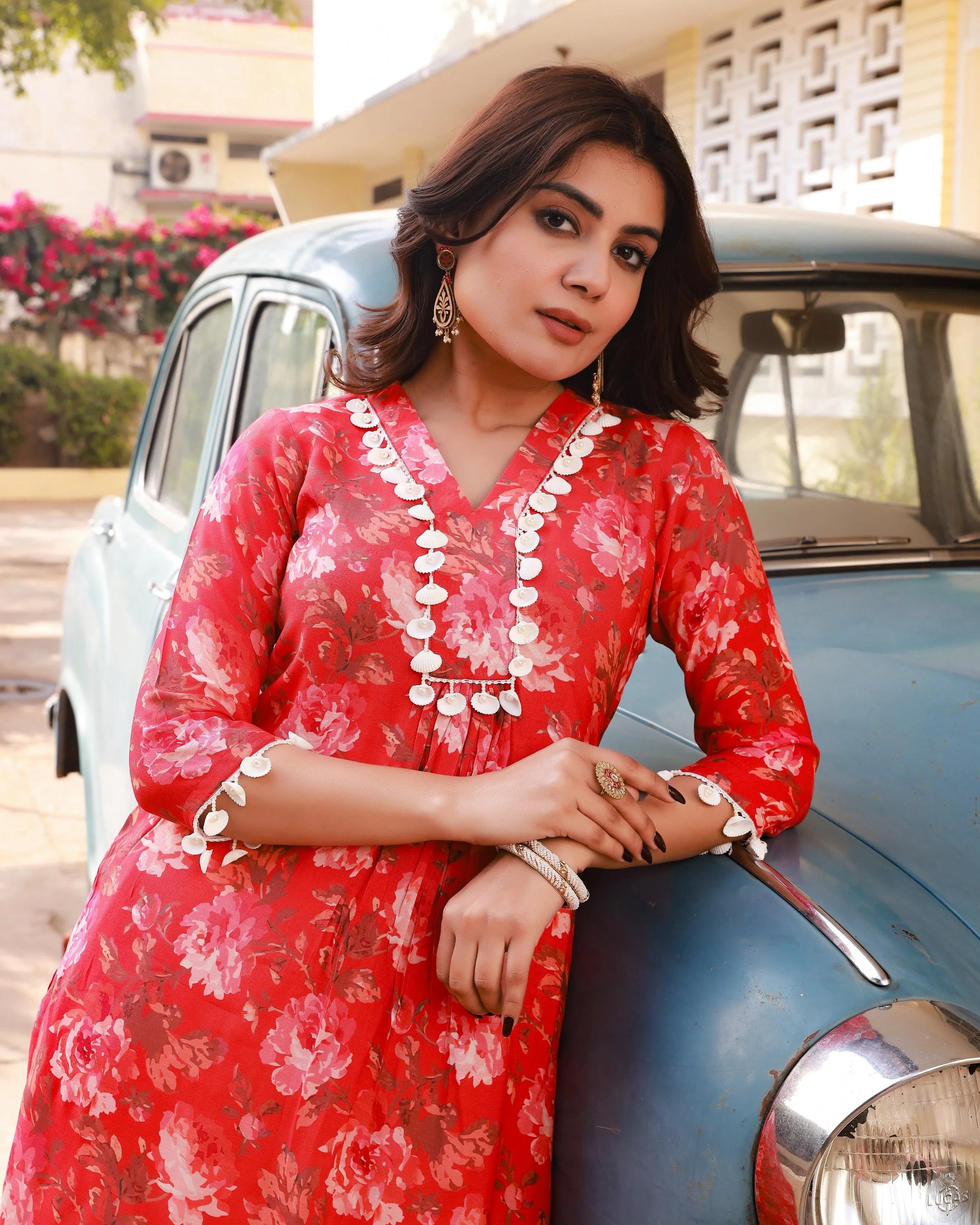 Ramya Red Floral Straight Fit Kurta Pant Set