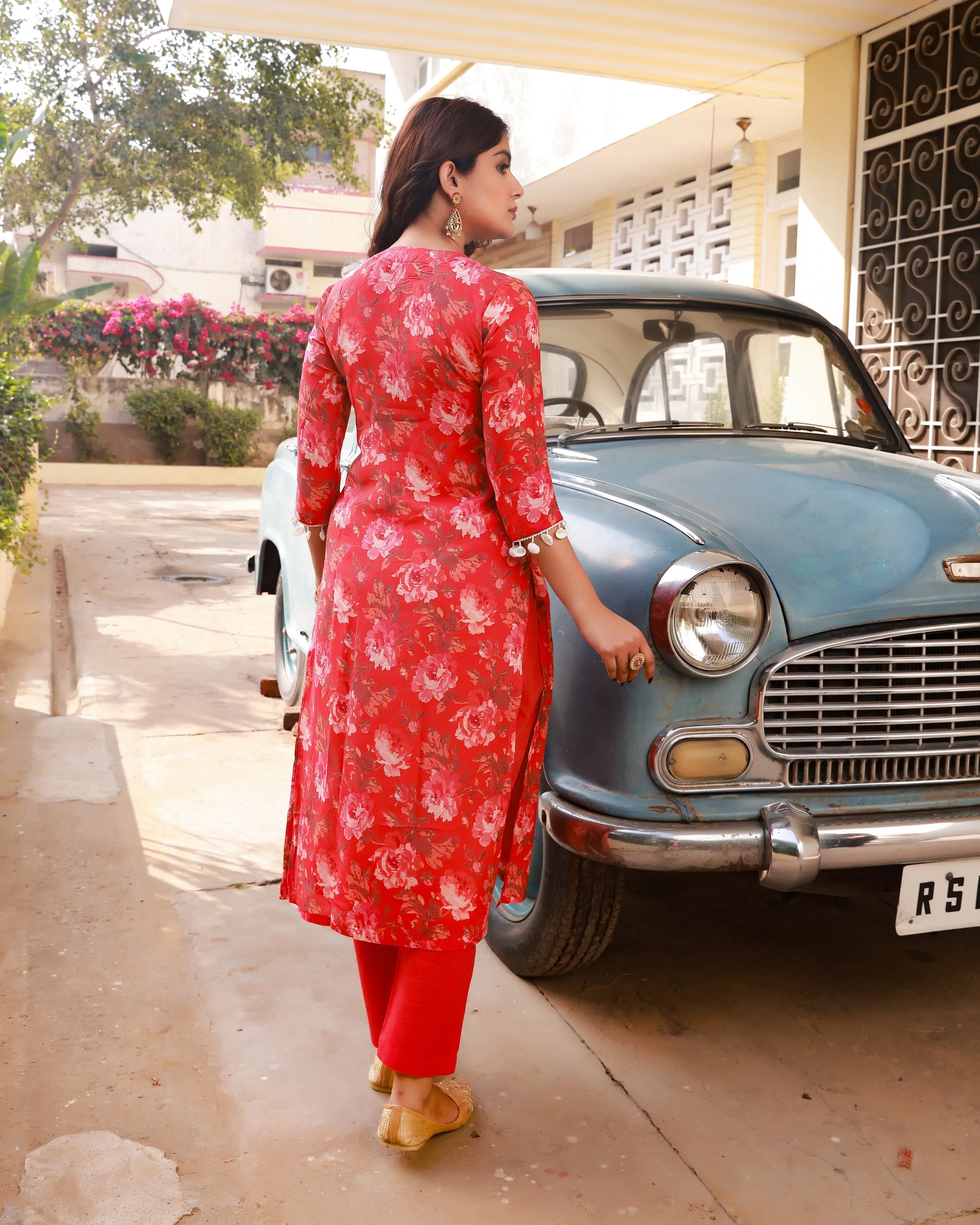 Ramya Red Floral Straight Fit Kurta Pant Set