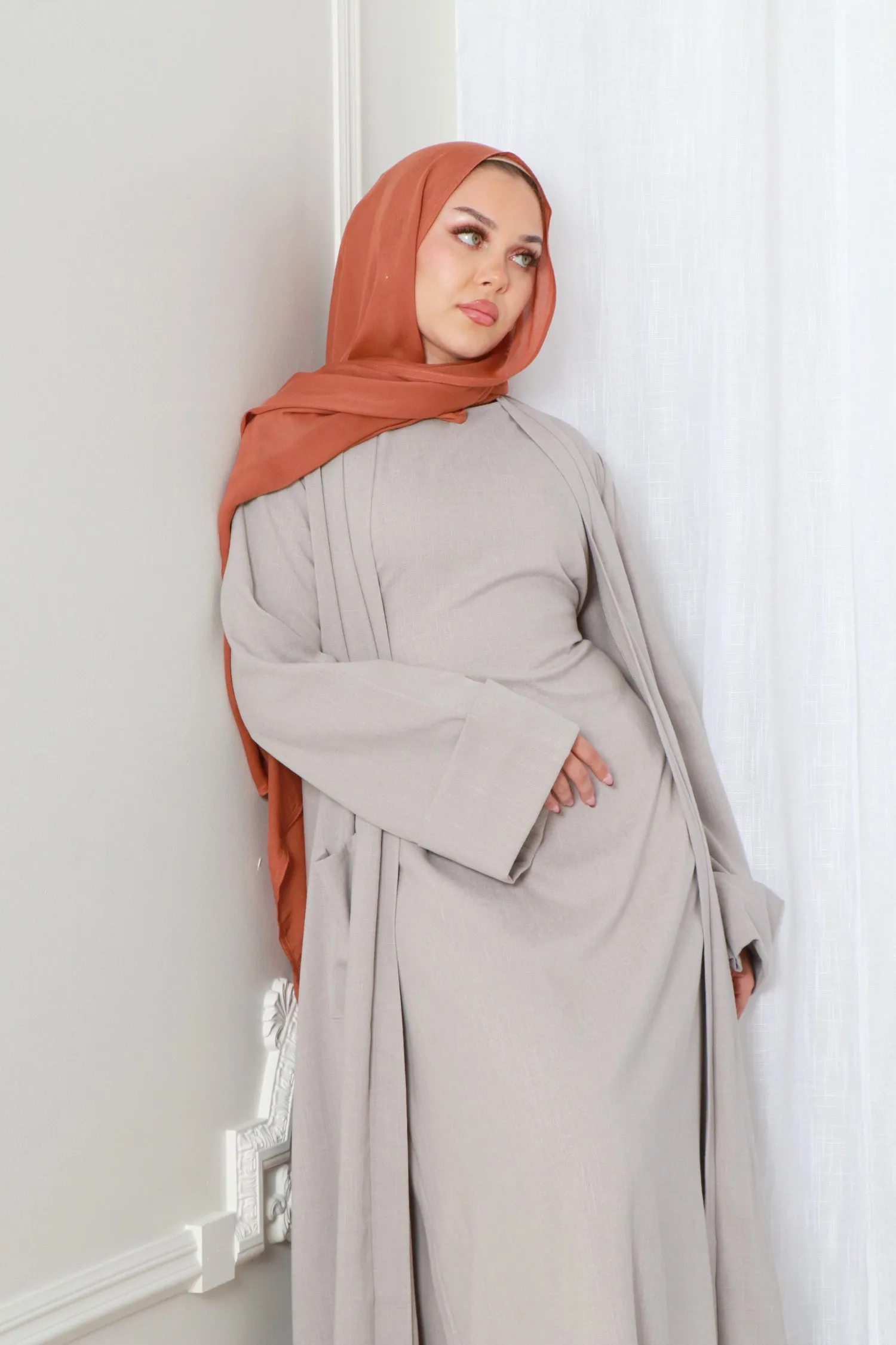 Rana linen Abaya Set- Gray