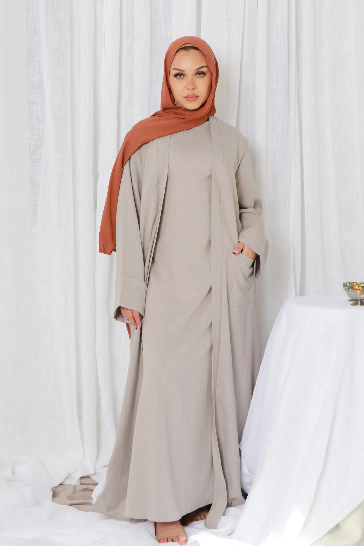 Rana linen Abaya Set- Gray