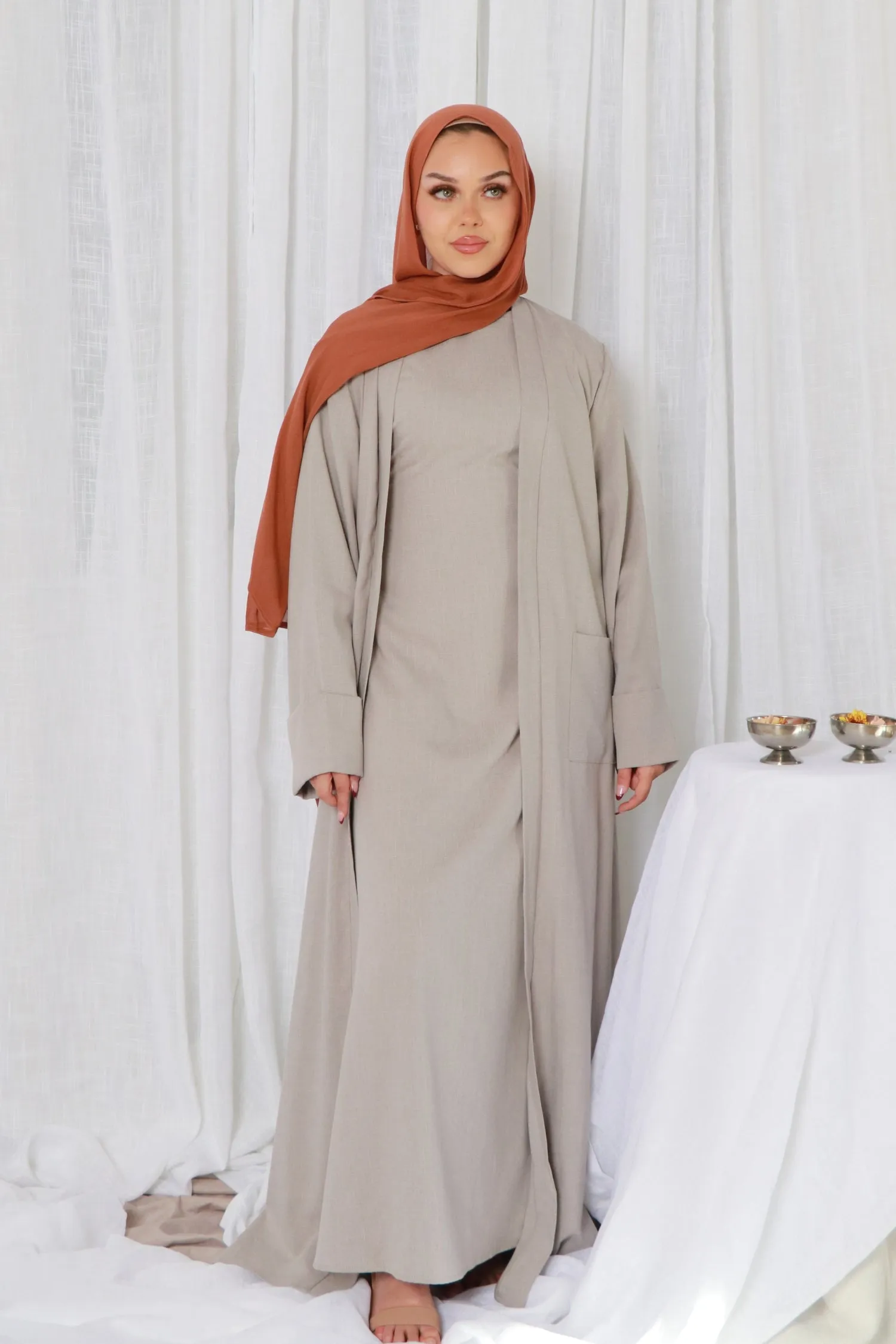 Rana linen Abaya Set- Gray