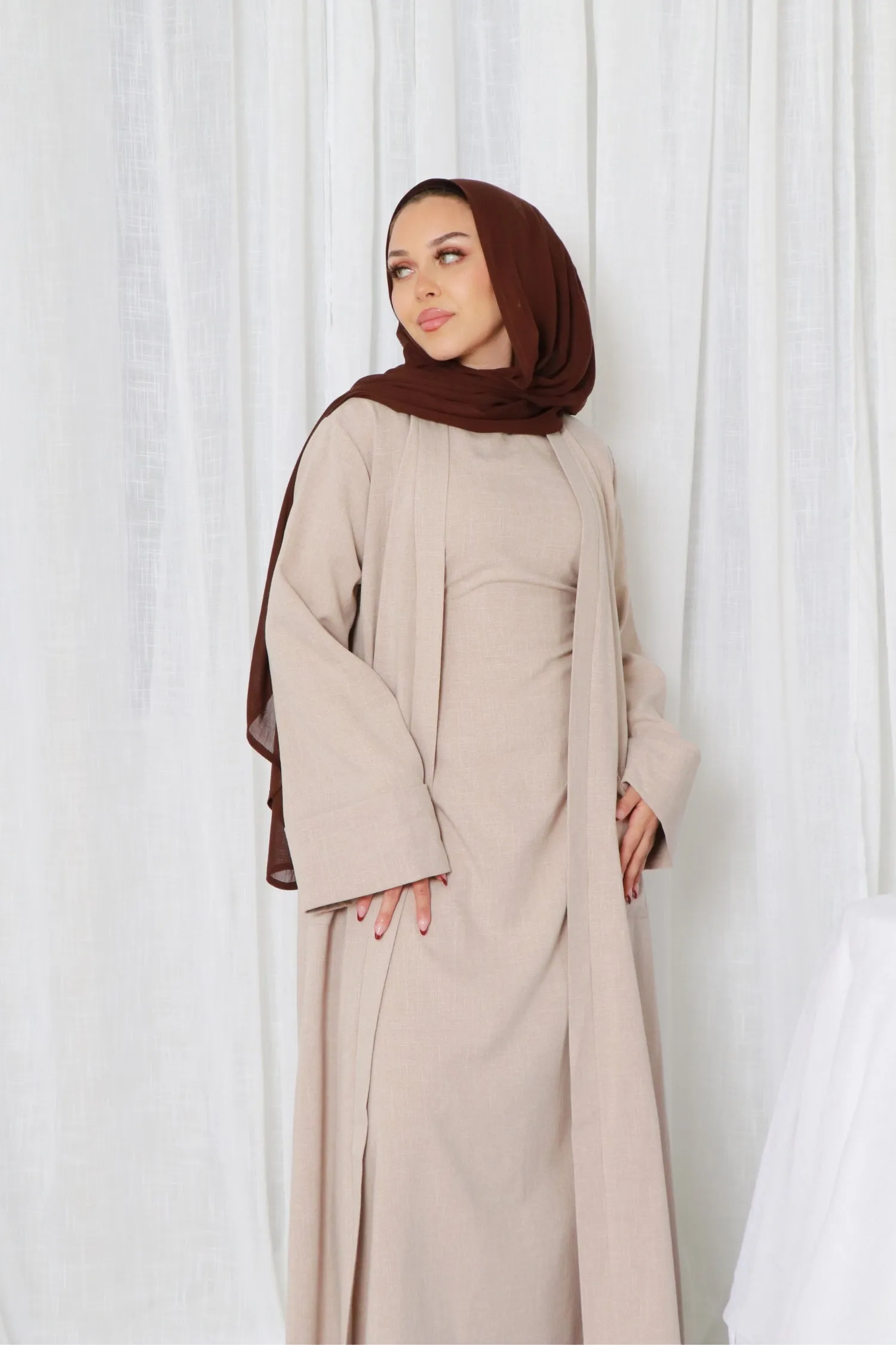 Rana linen Abaya Set- Oatmeal