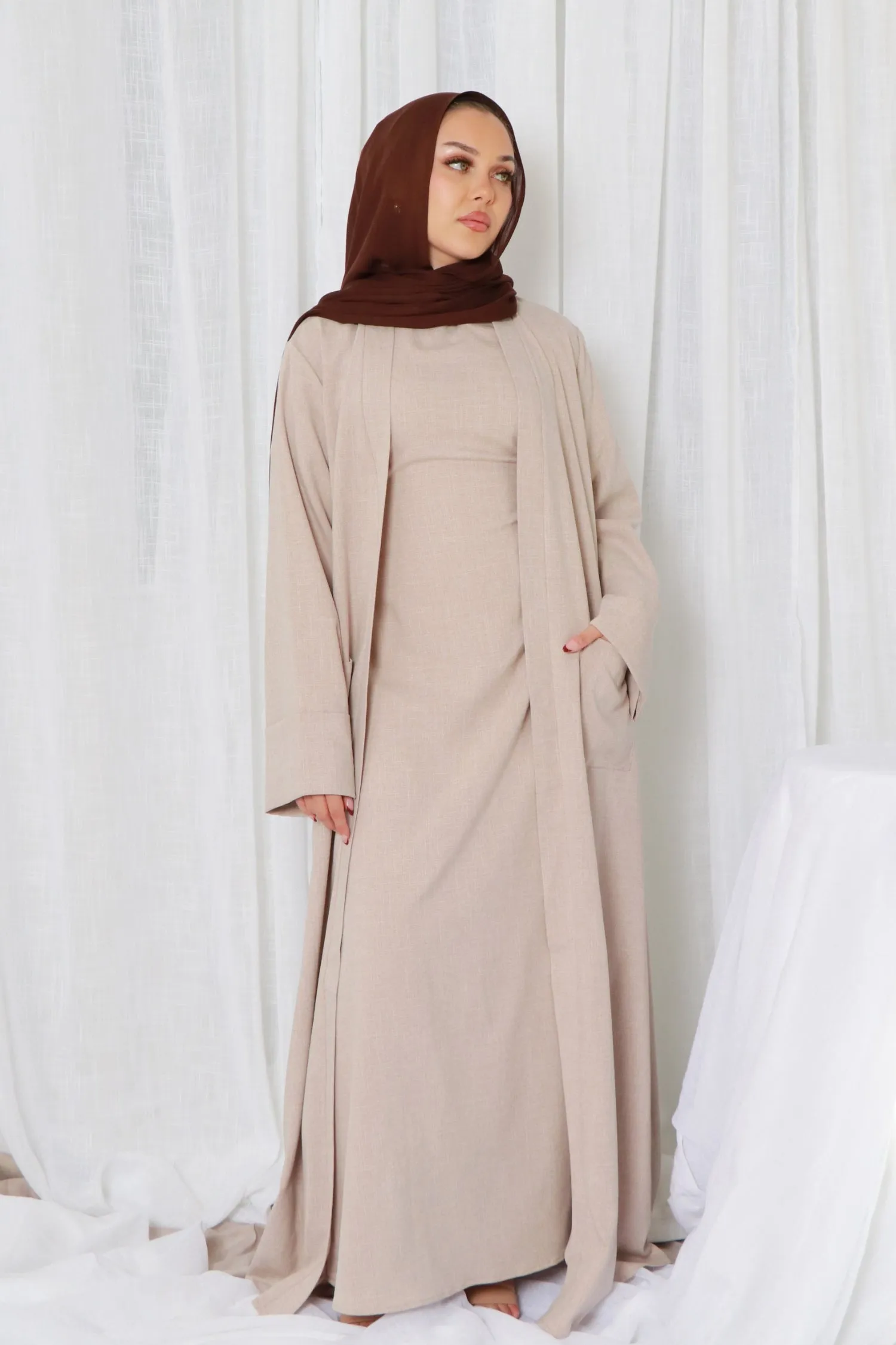 Rana linen Abaya Set- Oatmeal