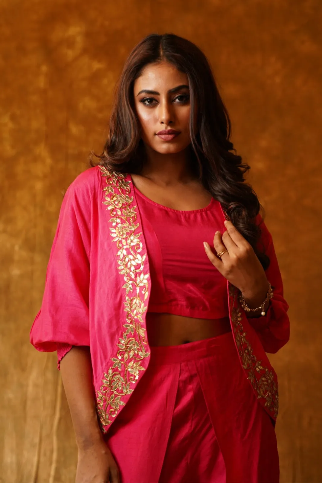 Rani Pink Boho Jacket Mirrorwork with Inner and overlap Dhoti