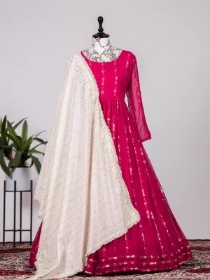 Rani Pink Color Sequins And Thread Embroidery Work Georgette Gown