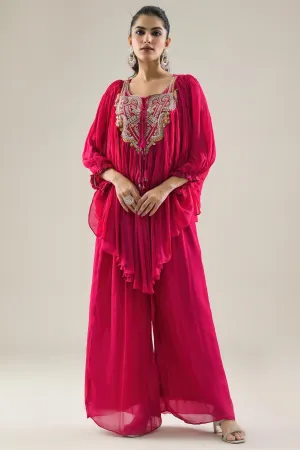 Rani Pink Embroidered Chinon Silk Kaftan & Palazzo Set