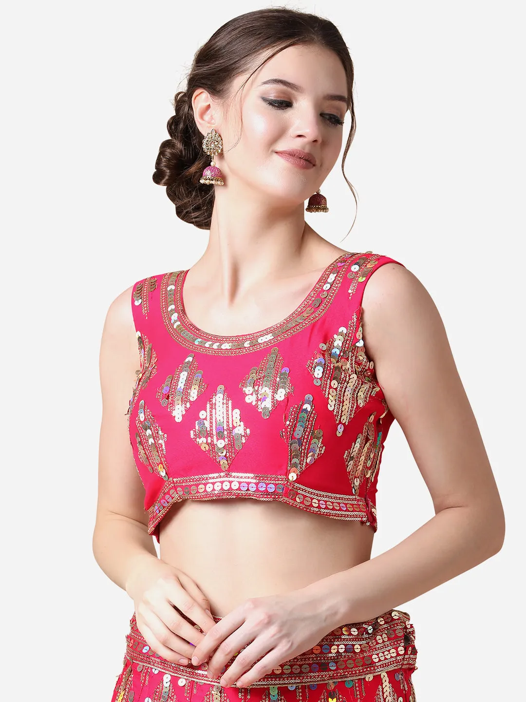 Rani Pink Embroidered Malai Satin Lehenga Choli for Parties