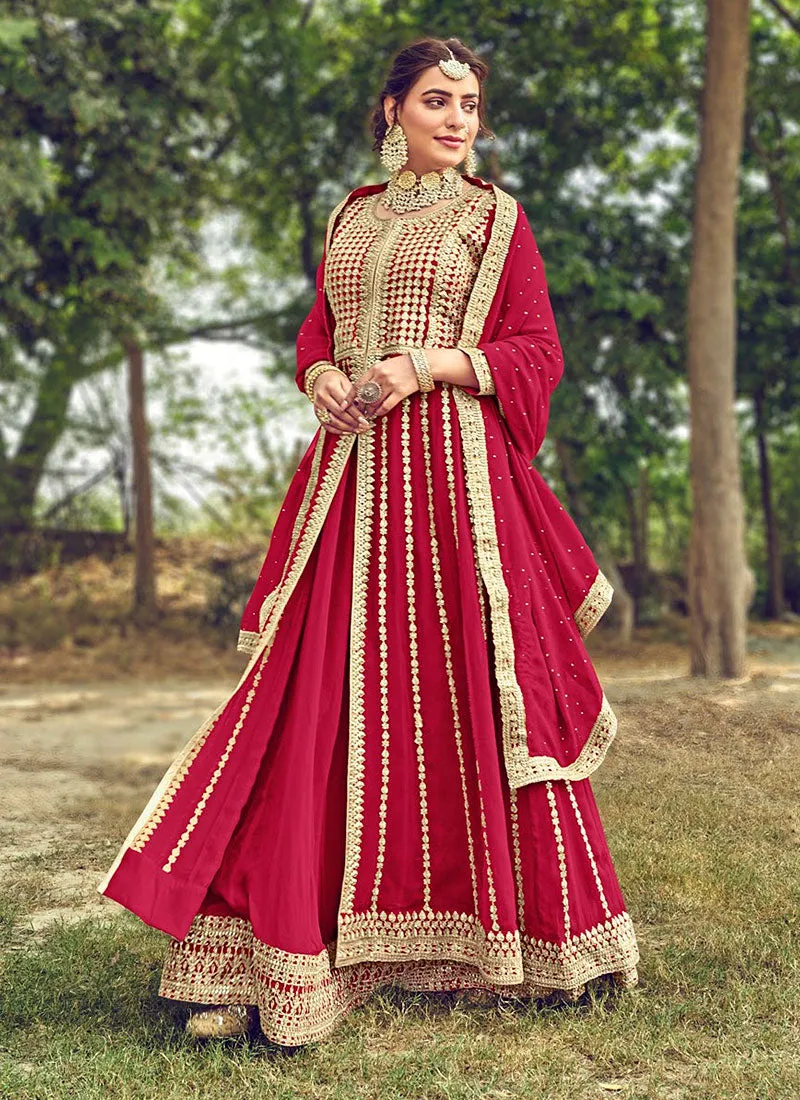 Rani Pink Embroidered Slit Style Anarkali Lehenga Suit