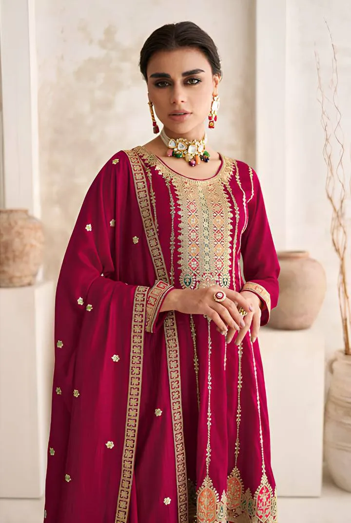 Rani Pink Vichitra Embroidered Salwar Suit with Dupatta