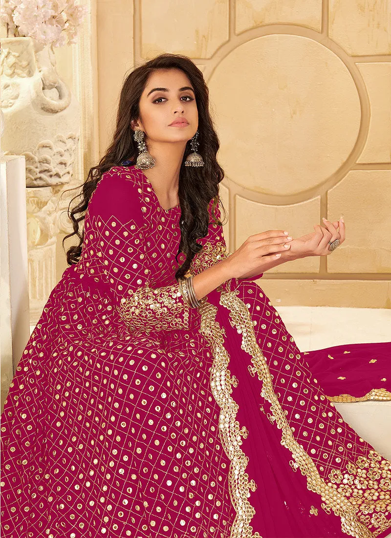 Rani Pink Zari Mirror Embroidered Traditional Anarkali Suit