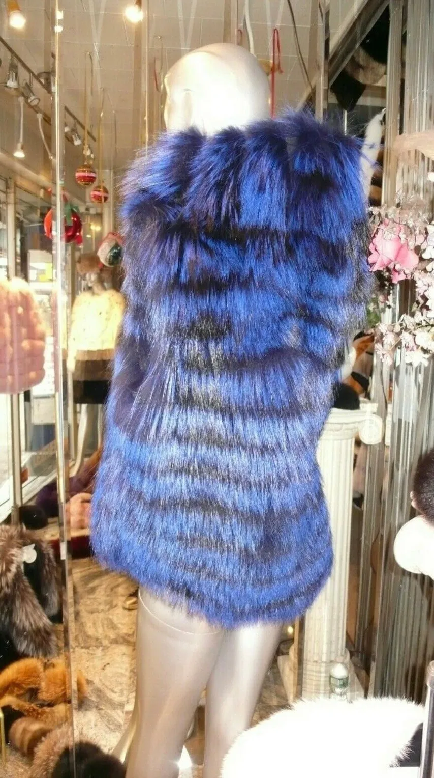 Rare and Gorgeous Shade Fox Fur Vest with Hood Royal Blue