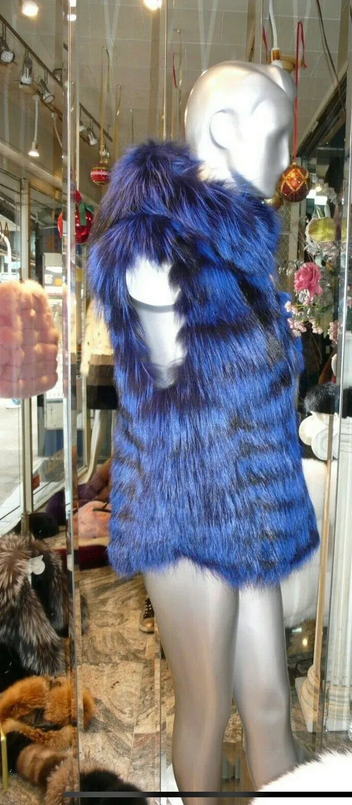 Rare and Gorgeous Shade Fox Fur Vest with Hood Royal Blue