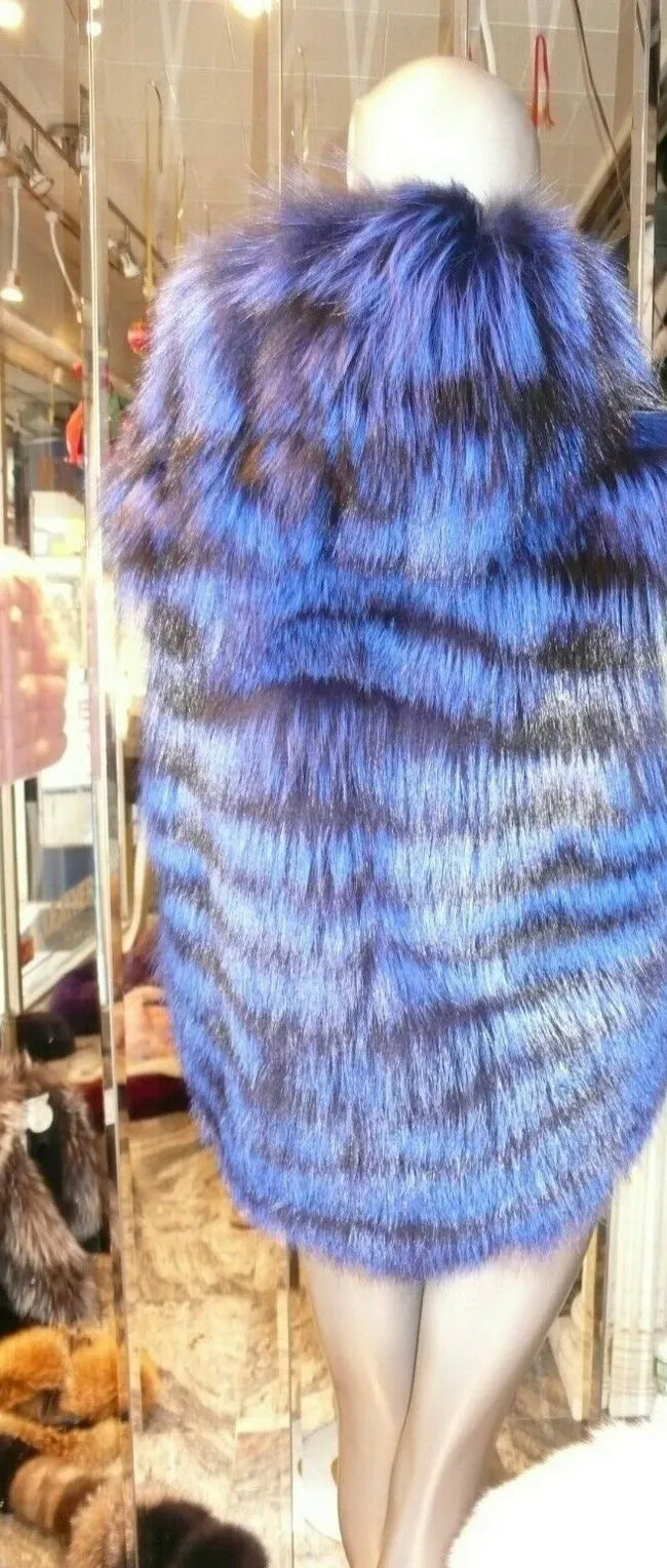 Rare and Gorgeous Shade Fox Fur Vest with Hood Royal Blue