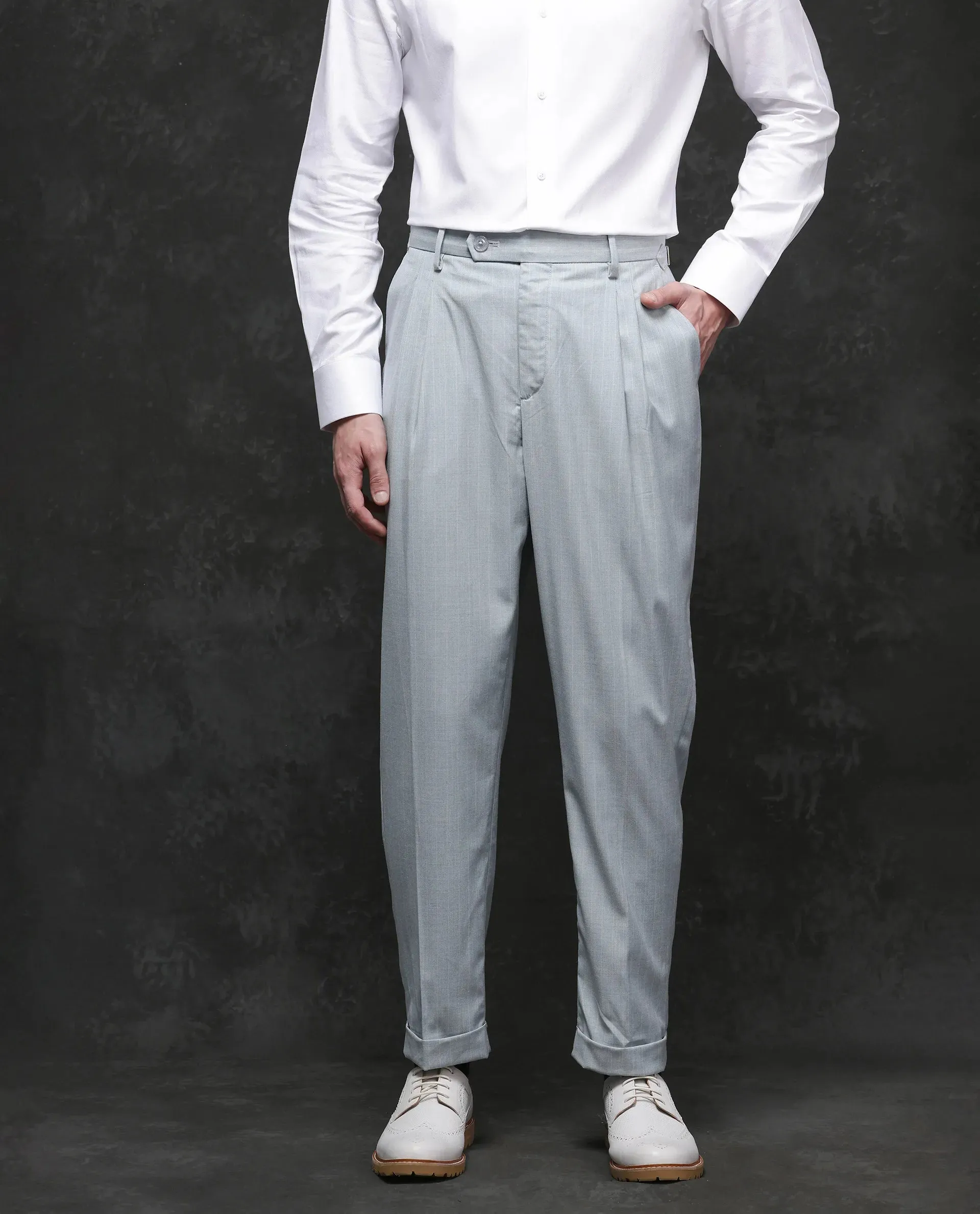 Rare Rabbit Men Amosy Light Blue Cotton Button Closure Relaxed Fit Striped Business Trouser