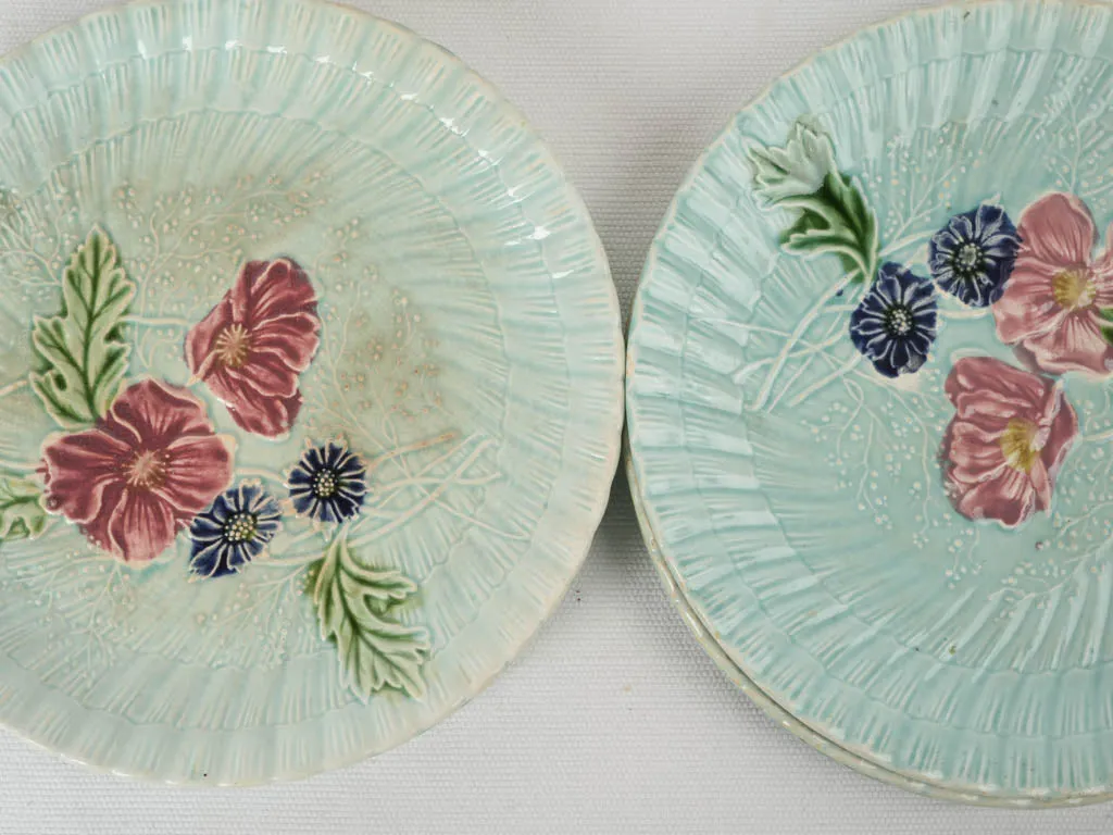 Rare Set of 12 Majolica Dessert Plates w/ Pink & Blue Flowers, Late 19th Century 8"