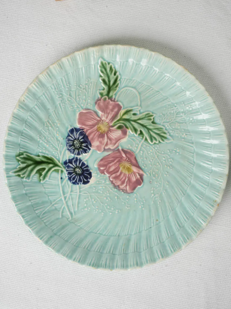 Rare Set of 12 Majolica Dessert Plates w/ Pink & Blue Flowers, Late 19th Century 8"