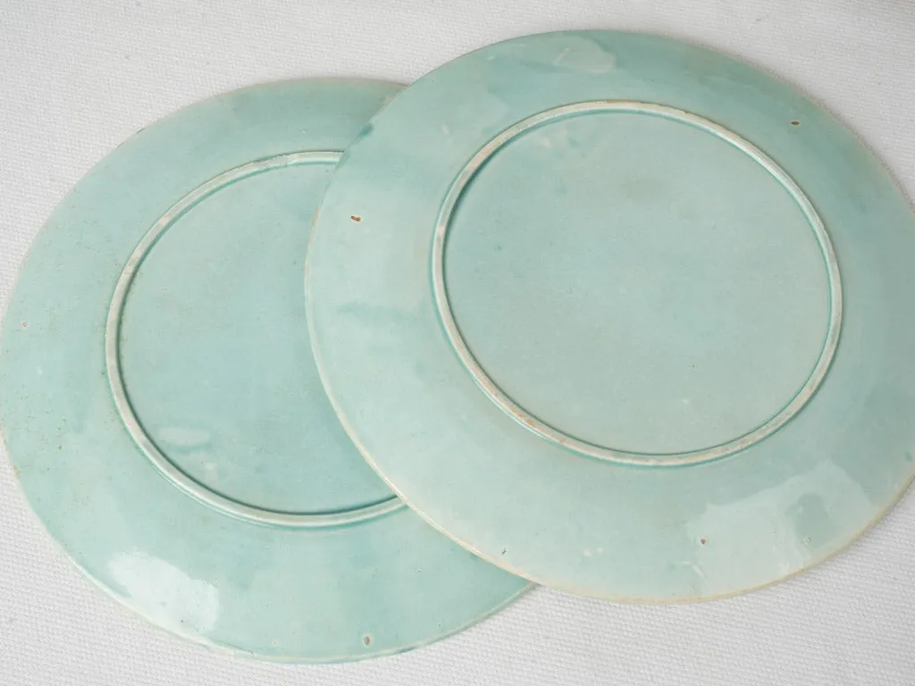 Rare Set of 12 Majolica Dessert Plates w/ Pink & Blue Flowers, Late 19th Century 8"