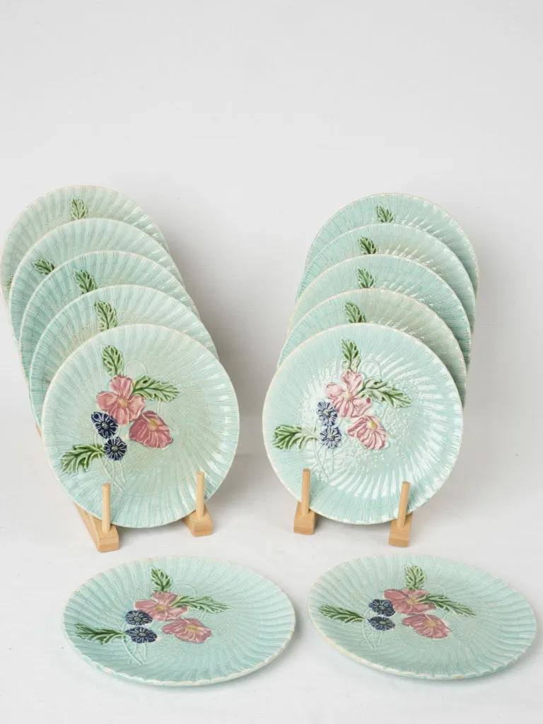 Rare Set of 12 Majolica Dessert Plates w/ Pink & Blue Flowers, Late 19th Century 8"