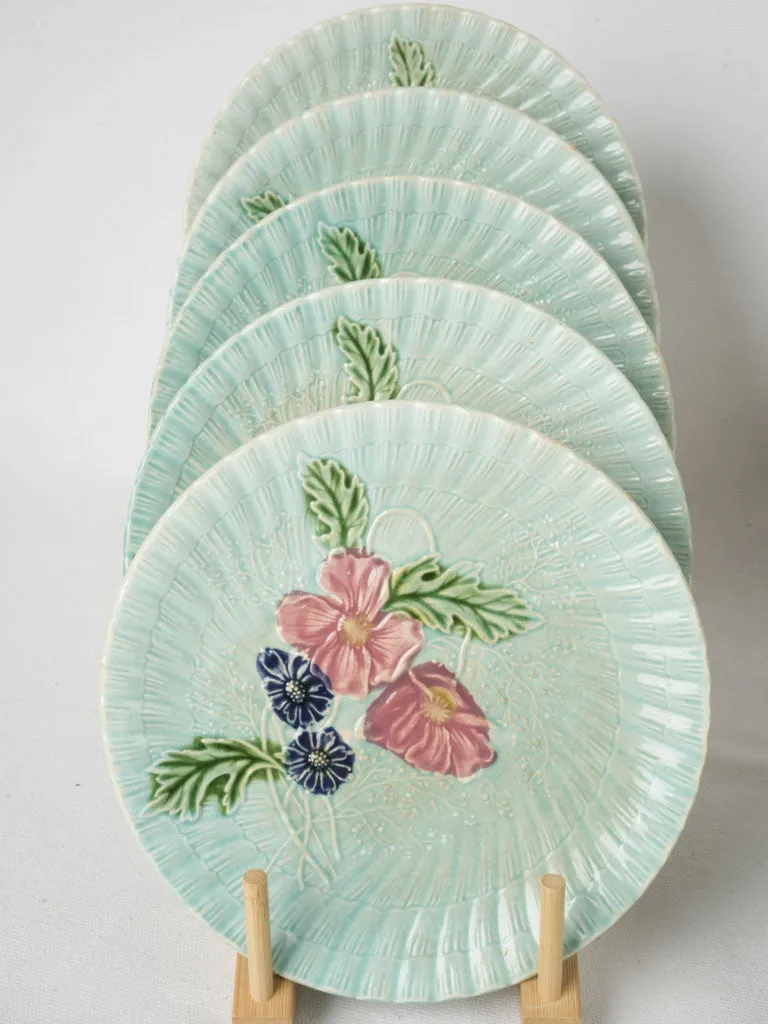 Rare Set of 12 Majolica Dessert Plates w/ Pink & Blue Flowers, Late 19th Century 8"