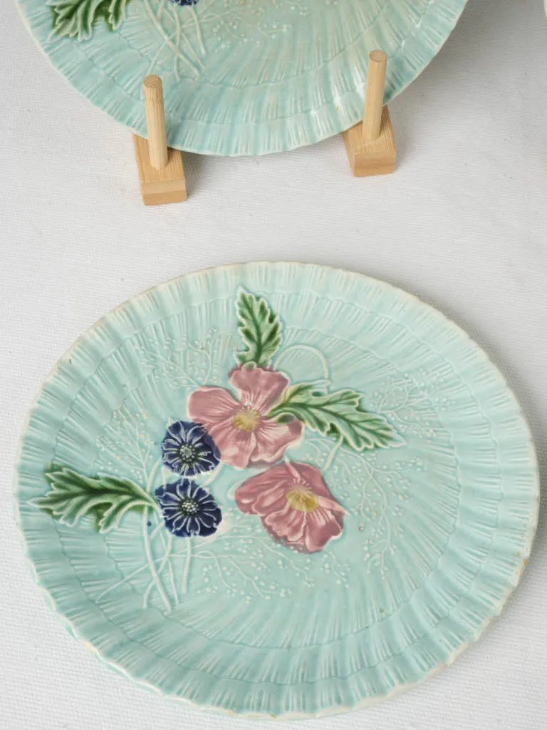 Rare Set of 12 Majolica Dessert Plates w/ Pink & Blue Flowers, Late 19th Century 8"