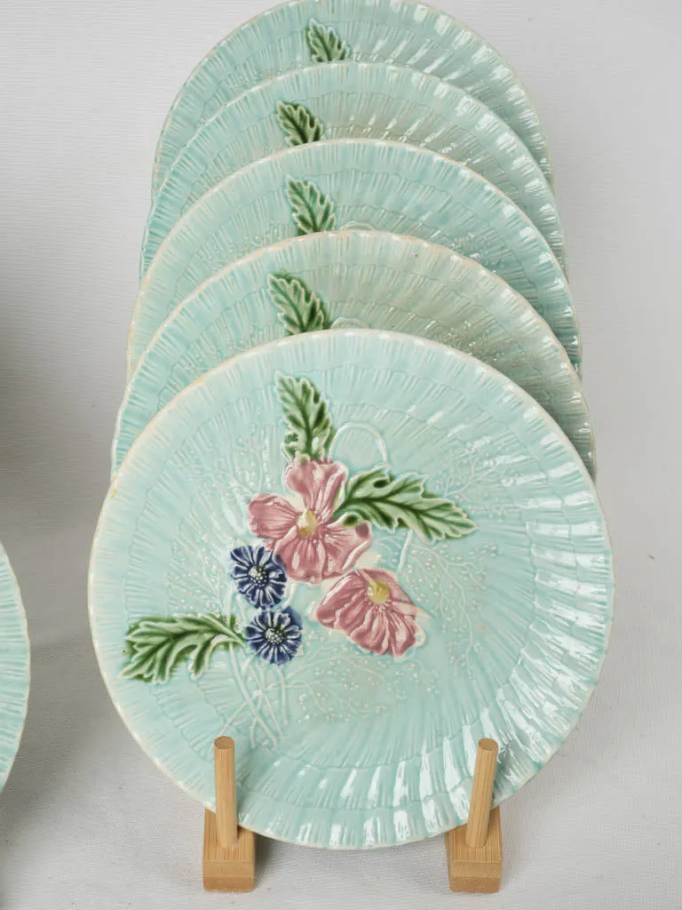 Rare Set of 12 Majolica Dessert Plates w/ Pink & Blue Flowers, Late 19th Century 8"