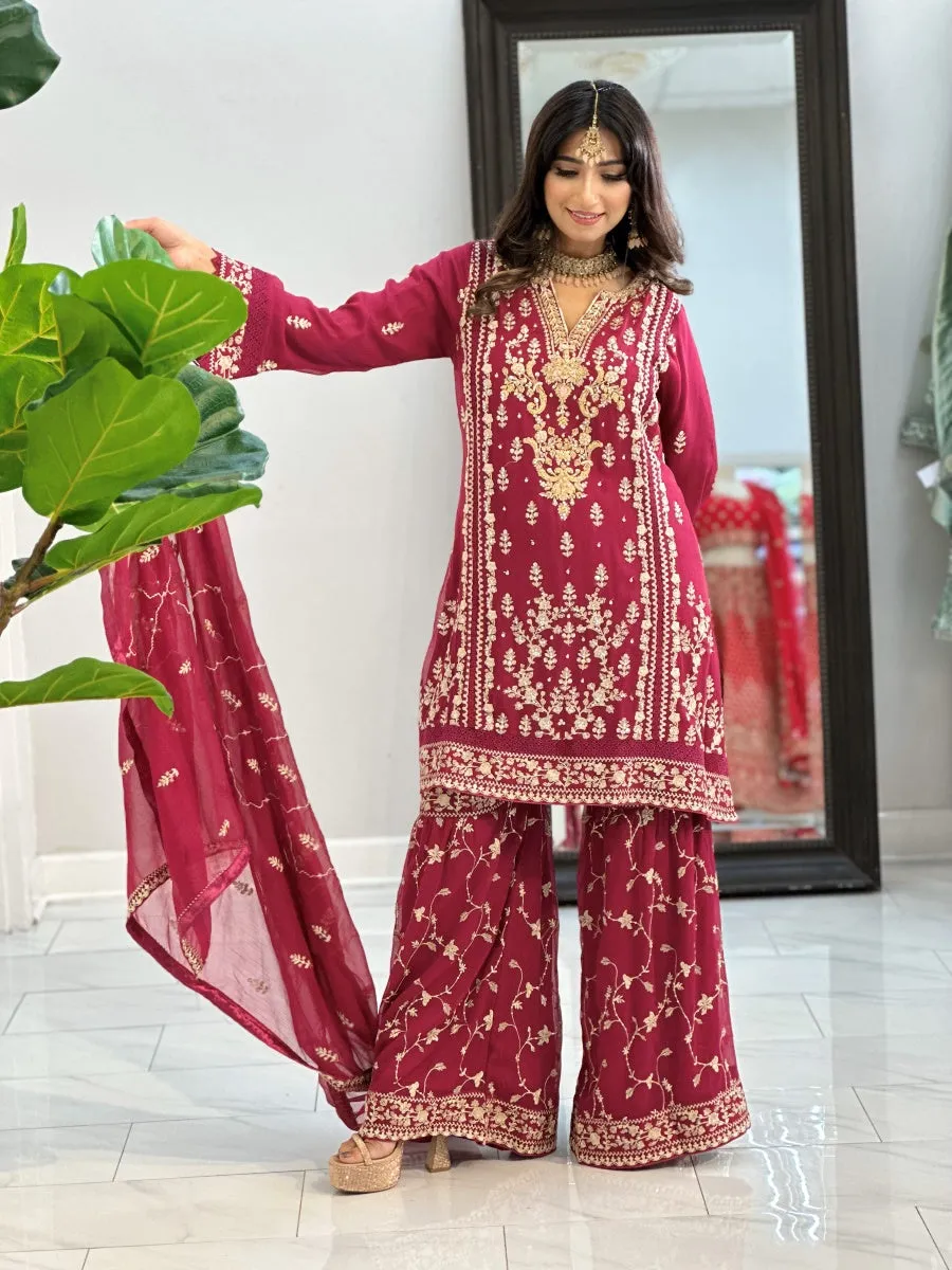 Raspberry Pink Gharara Pant Suit with Champagne Embroidery 3pc Suit