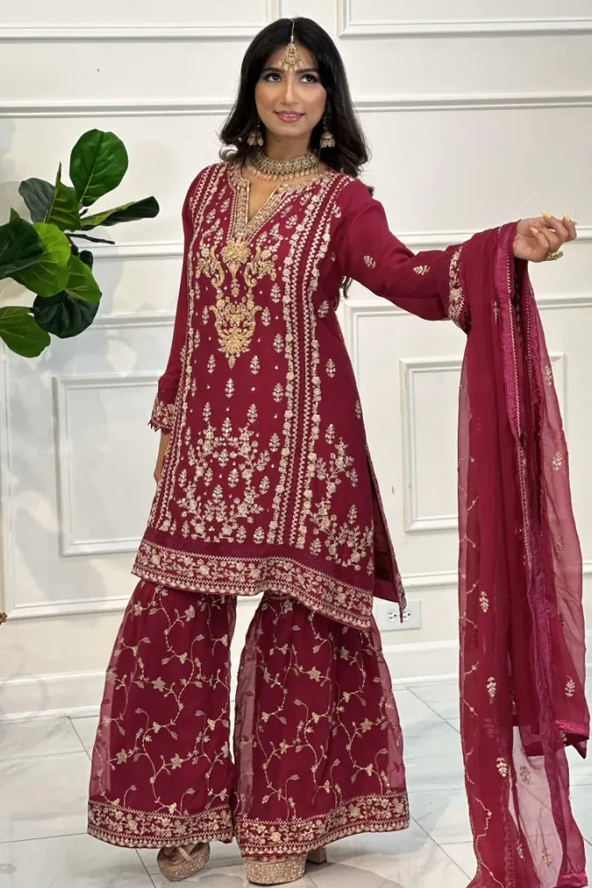 Raspberry Pink Gharara Pant Suit with Champagne Embroidery 3pc Suit