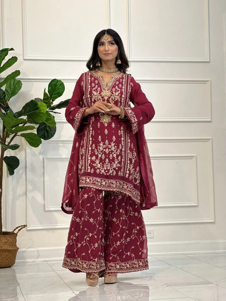 Raspberry Pink Gharara Pant Suit with Champagne Embroidery 3pc Suit