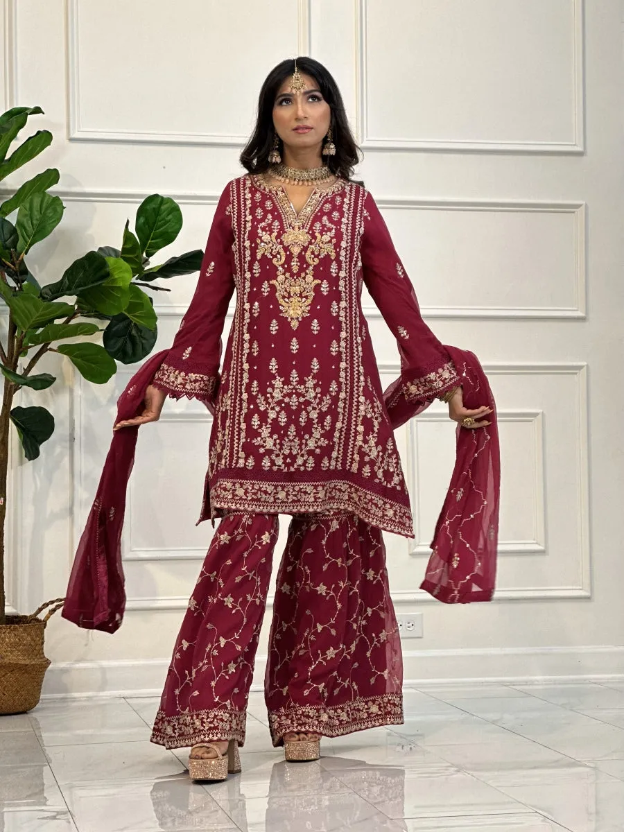 Raspberry Pink Gharara Pant Suit with Champagne Embroidery 3pc Suit