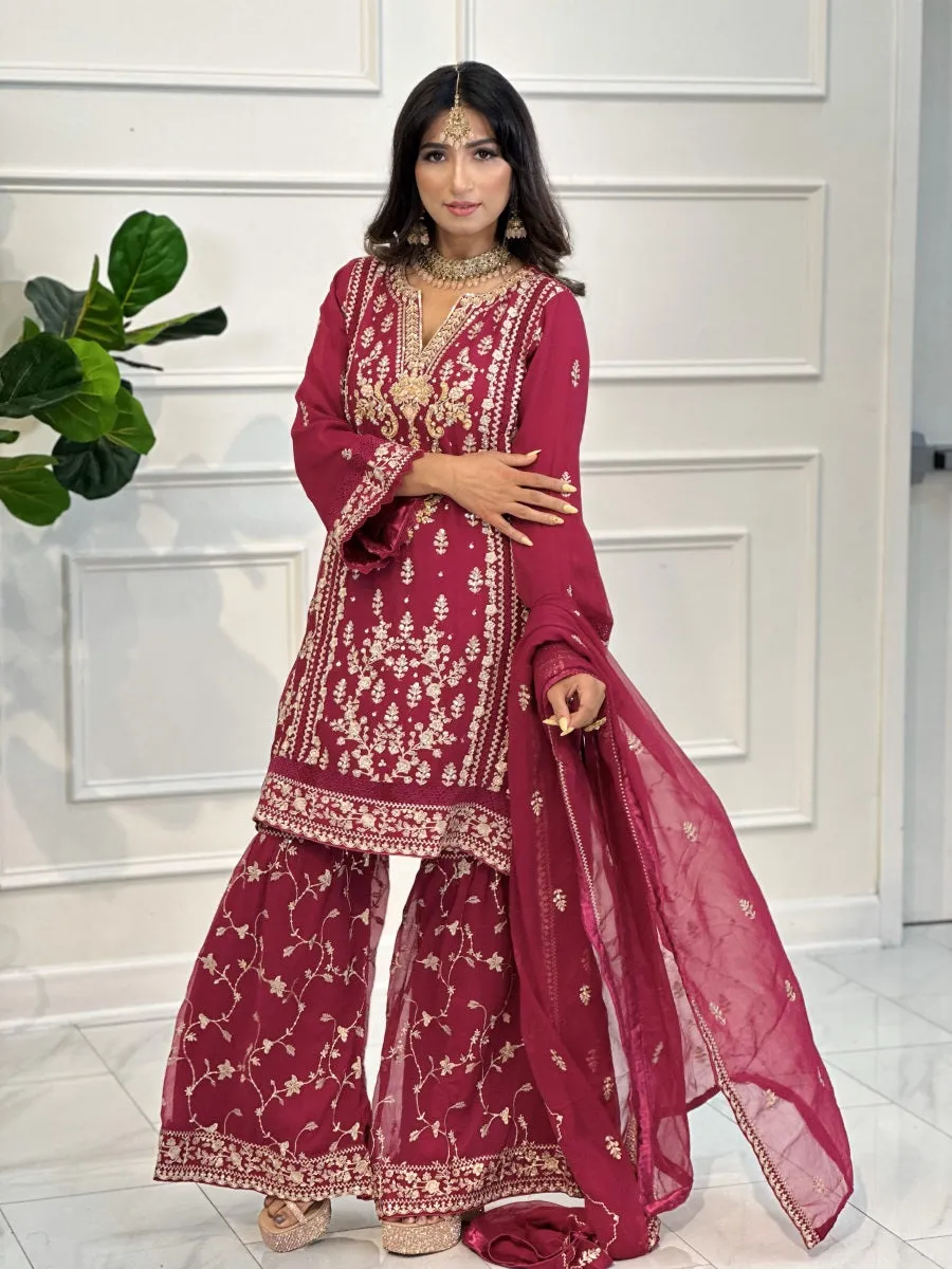 Raspberry Pink Gharara Pant Suit with Champagne Embroidery 3pc Suit