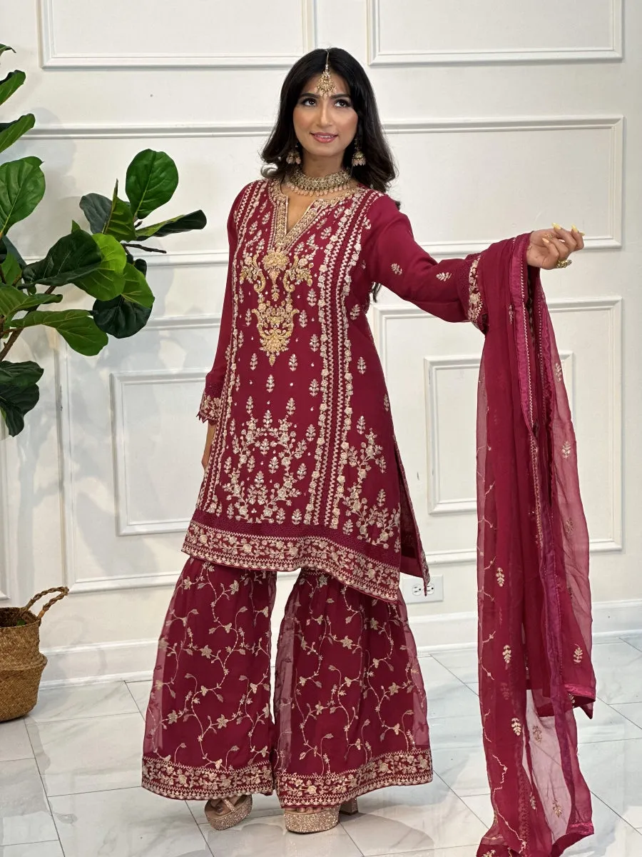 Raspberry Pink Gharara Pant Suit with Champagne Embroidery 3pc Suit