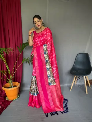 Raspberry Pink Saree in Bandhej Kalamkari Print