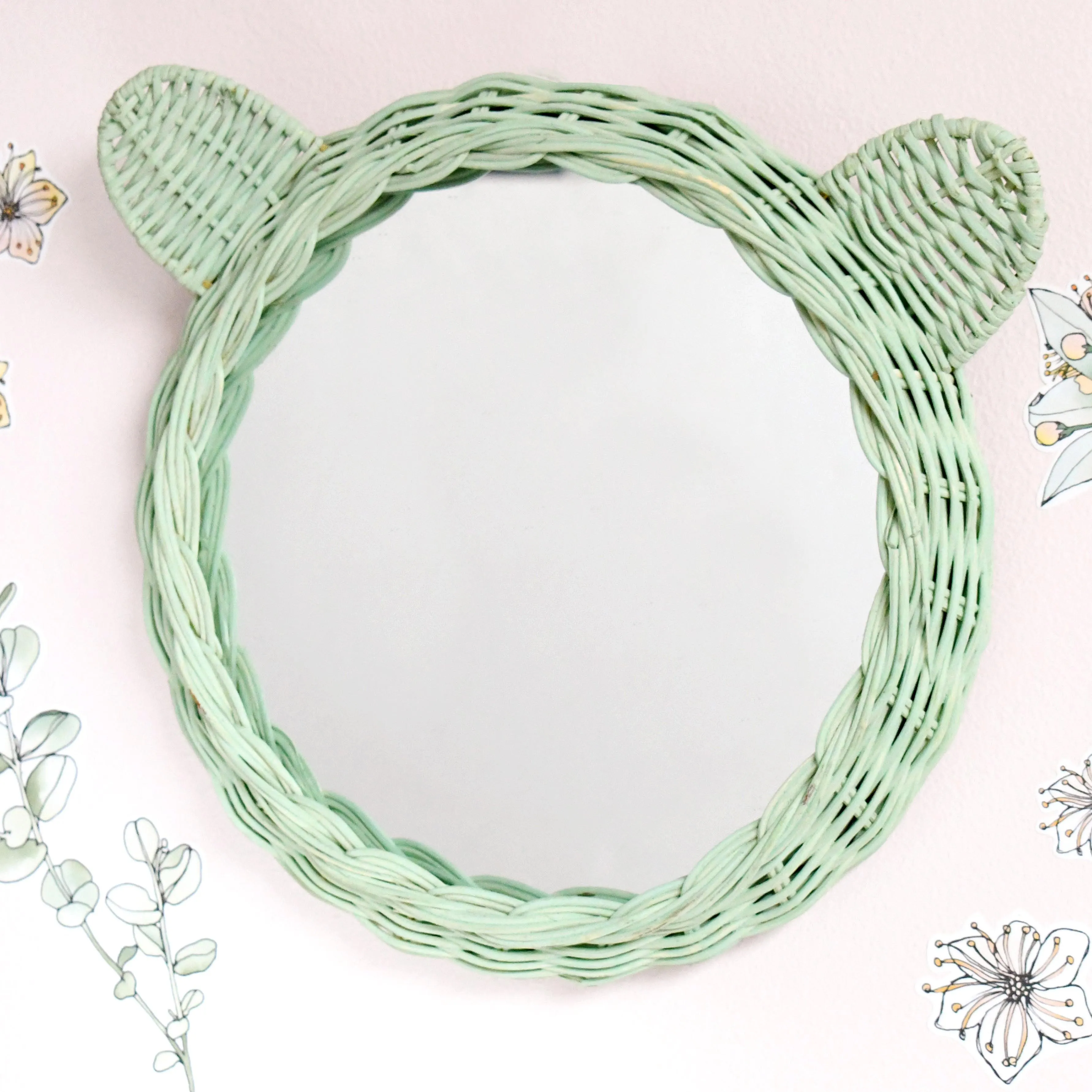 Rattan Bear Mirror - Mint Green