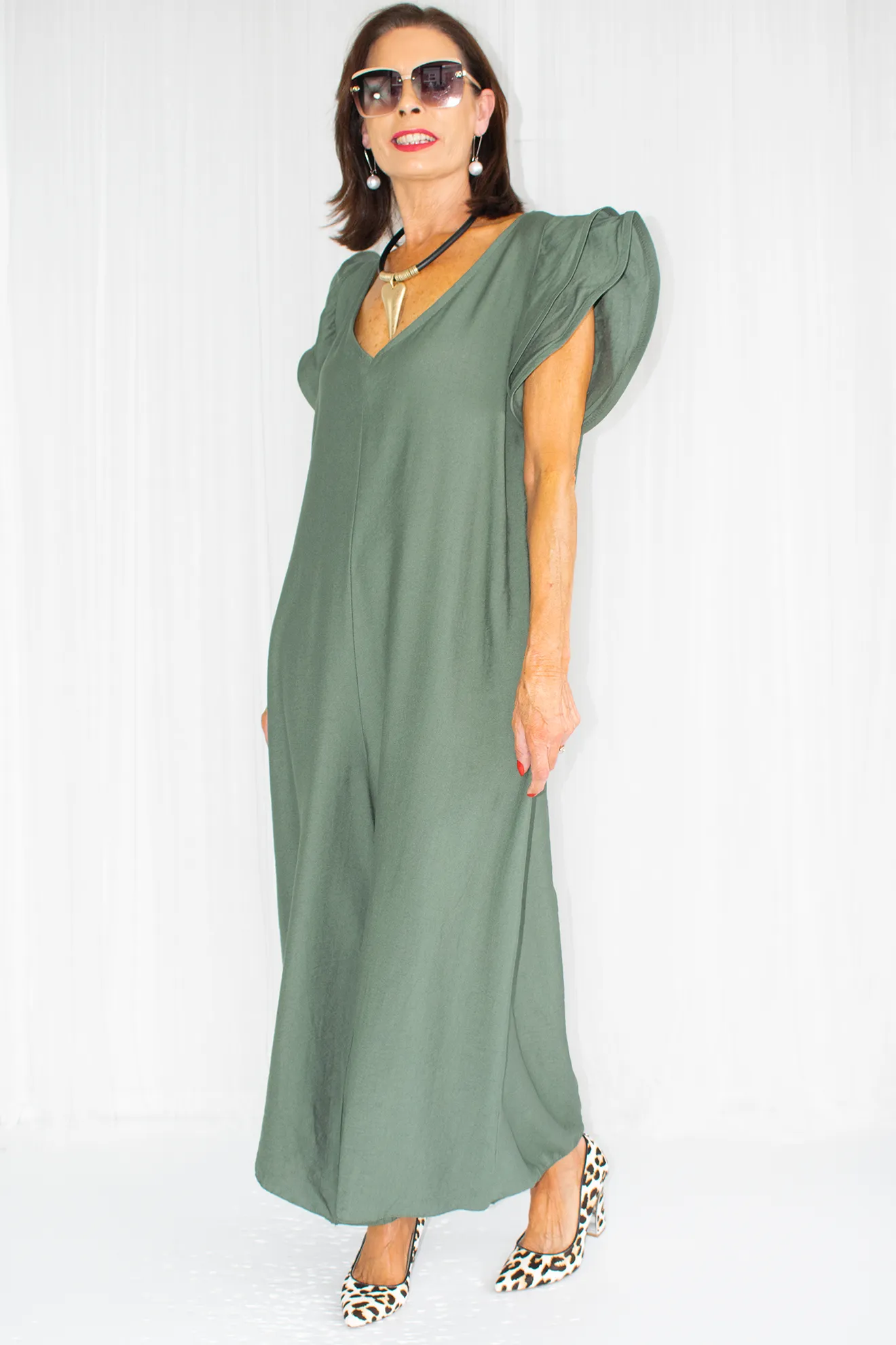 Ravello Ruffle Sleeve Wide Leg Jumpsuit in Deep Sage