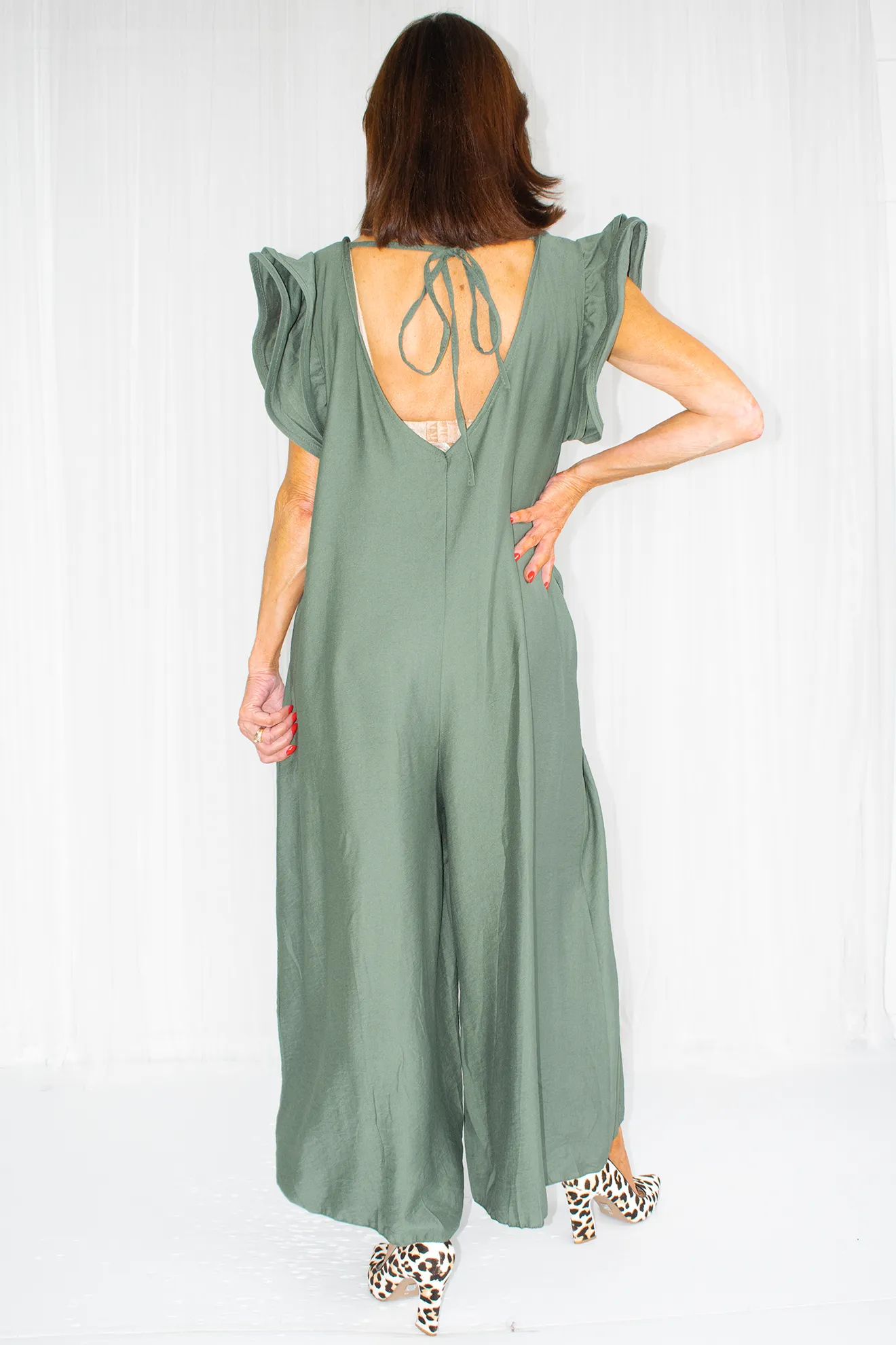 Ravello Ruffle Sleeve Wide Leg Jumpsuit in Deep Sage