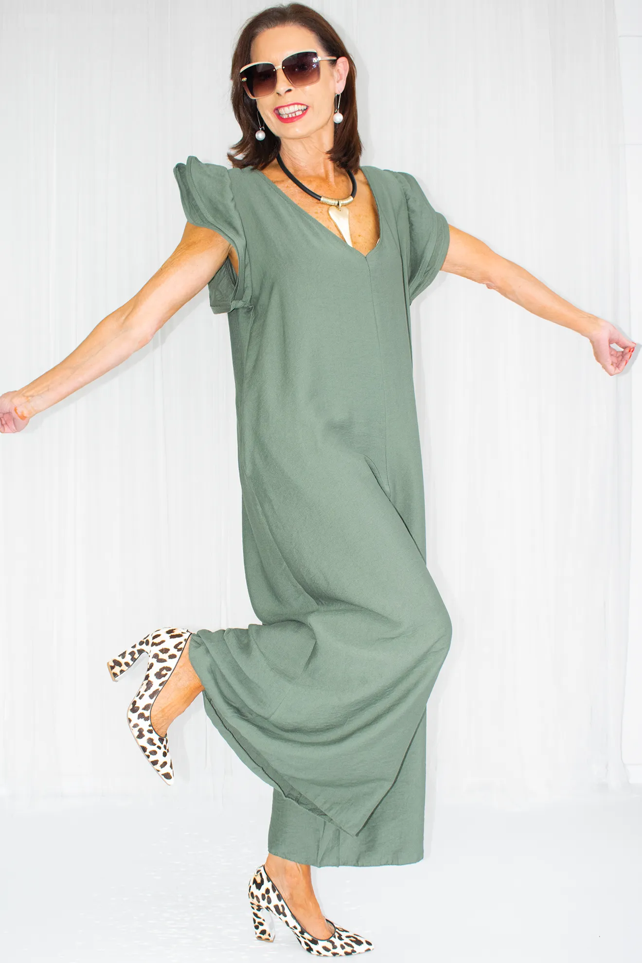 Ravello Ruffle Sleeve Wide Leg Jumpsuit in Deep Sage