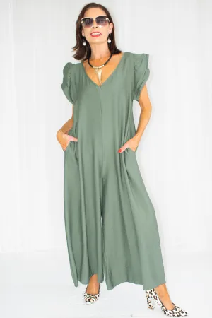 Ravello Ruffle Sleeve Wide Leg Jumpsuit in Deep Sage