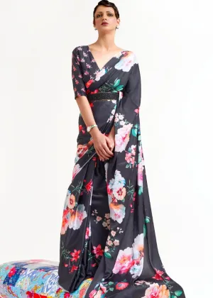 Raven Black Digital Printed Satin Crepe Saree