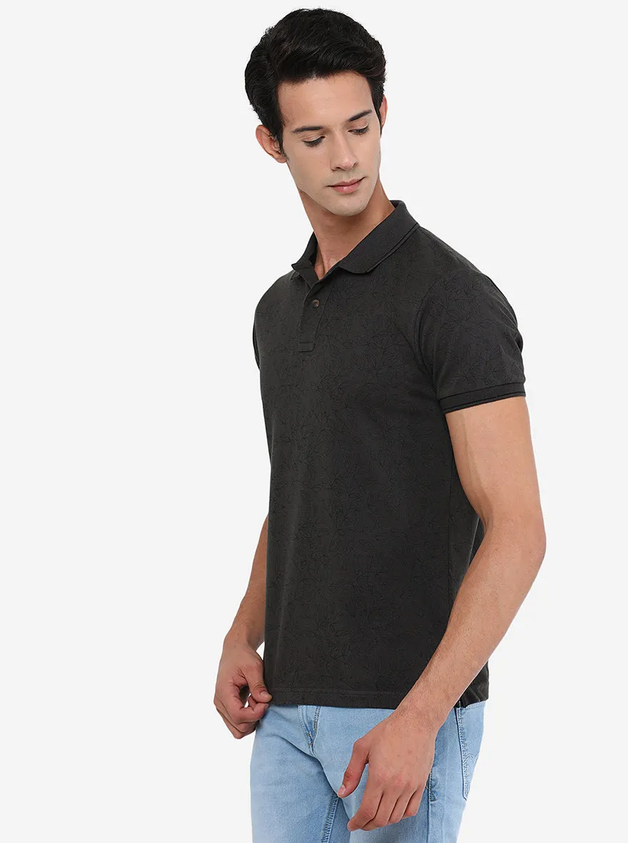 Raven Grey Printed Slim Fit Polo T-Shirt | Greenfibre