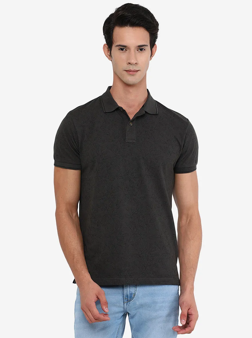 Raven Grey Printed Slim Fit Polo T-Shirt | Greenfibre